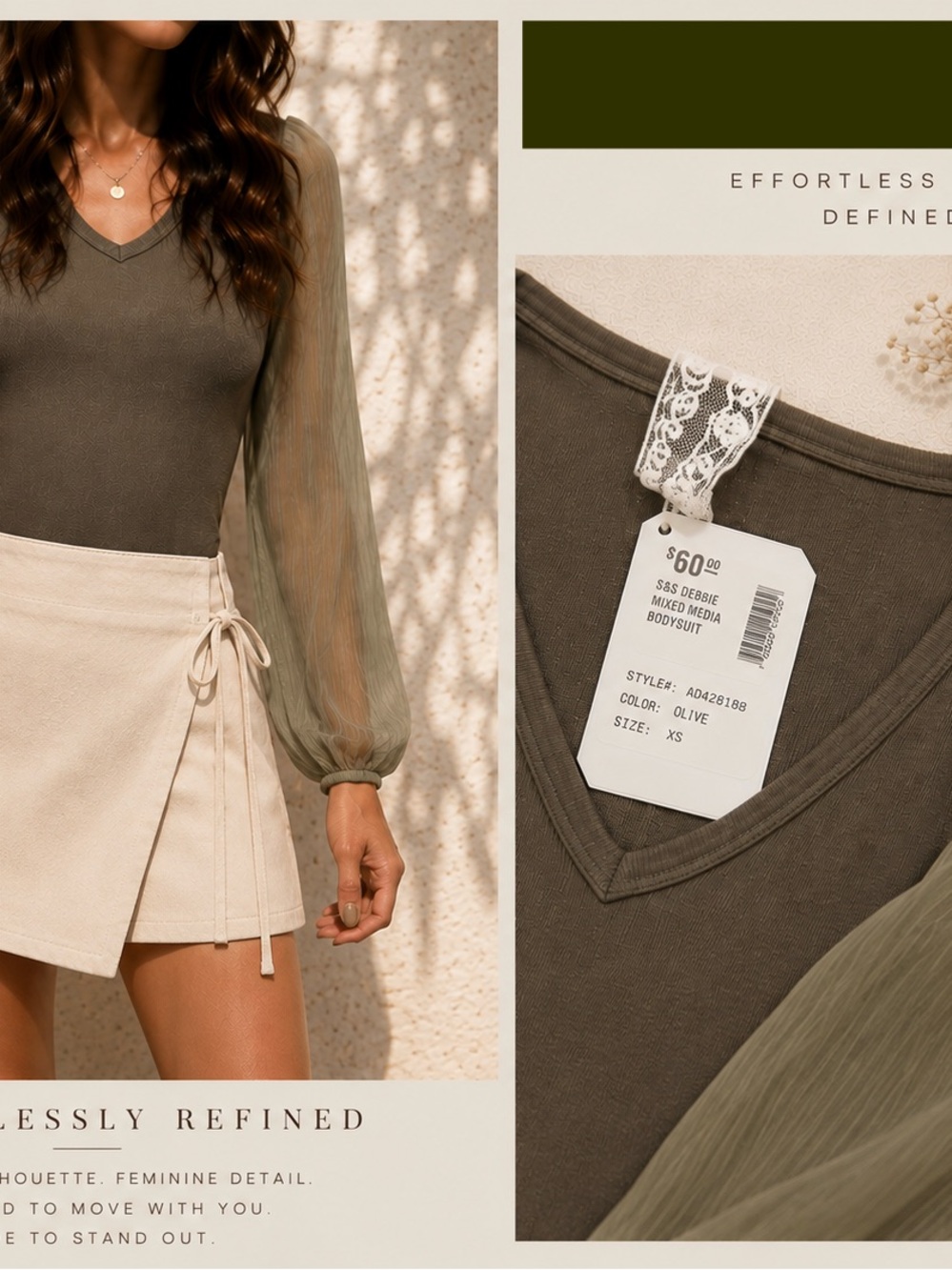 Sadie & Sage Olive Mixed-Media V-Neck Bodysuit